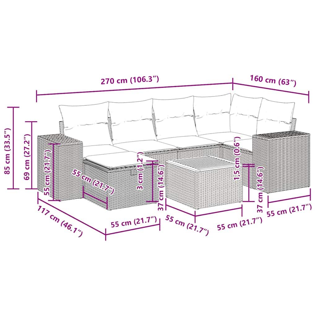 7 részes szürke polyrattan kerti ülőgarnitúra párnákkal 14