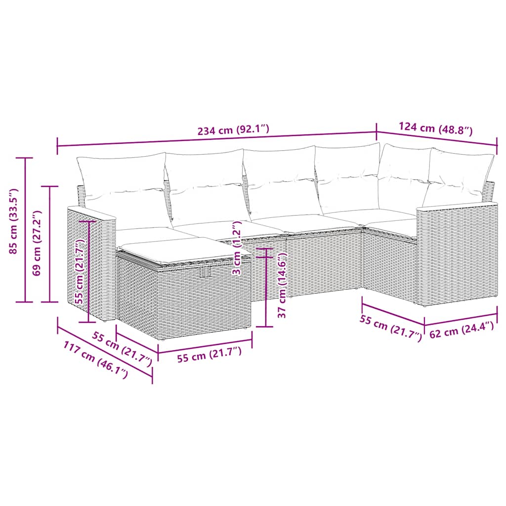 6 részes fekete polyrattan kerti ülőgarnitúra párnákkal 14