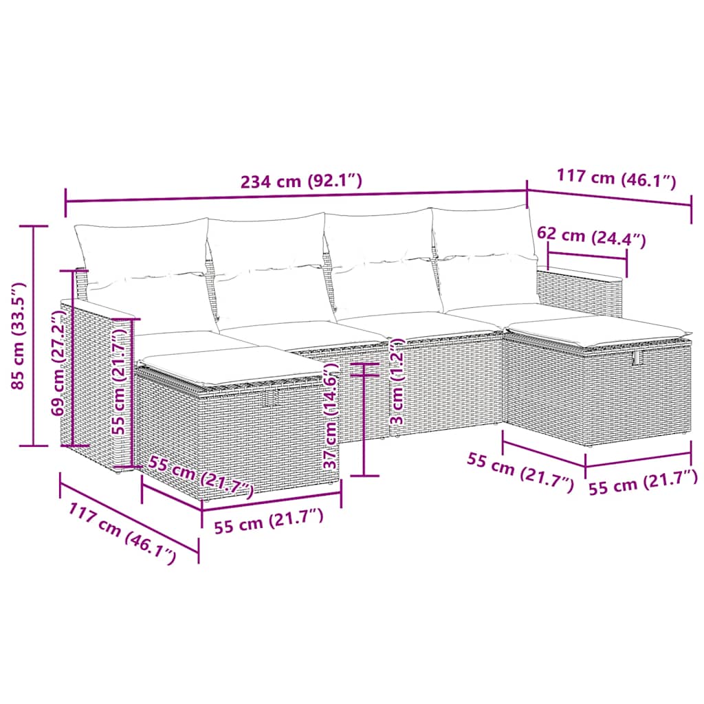6 részes szürke polyrattan kerti ülőgarnitúra párnákkal 12