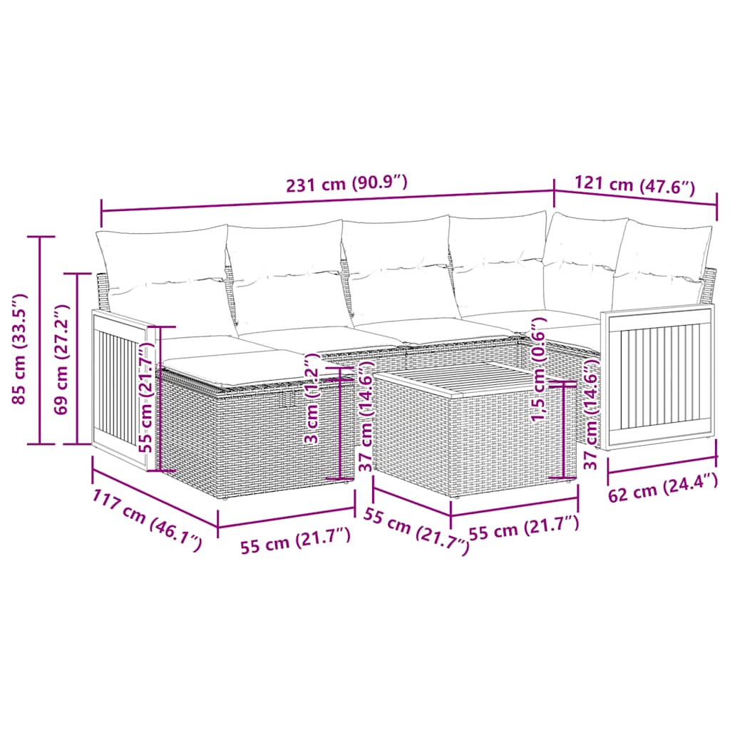 7 részes bézs polyrattan kerti ülőgarnitúra párnákkal 15