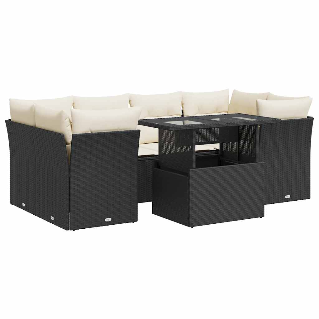7 részes fekete polyrattan kerti ülőgarnitúra párnával 2