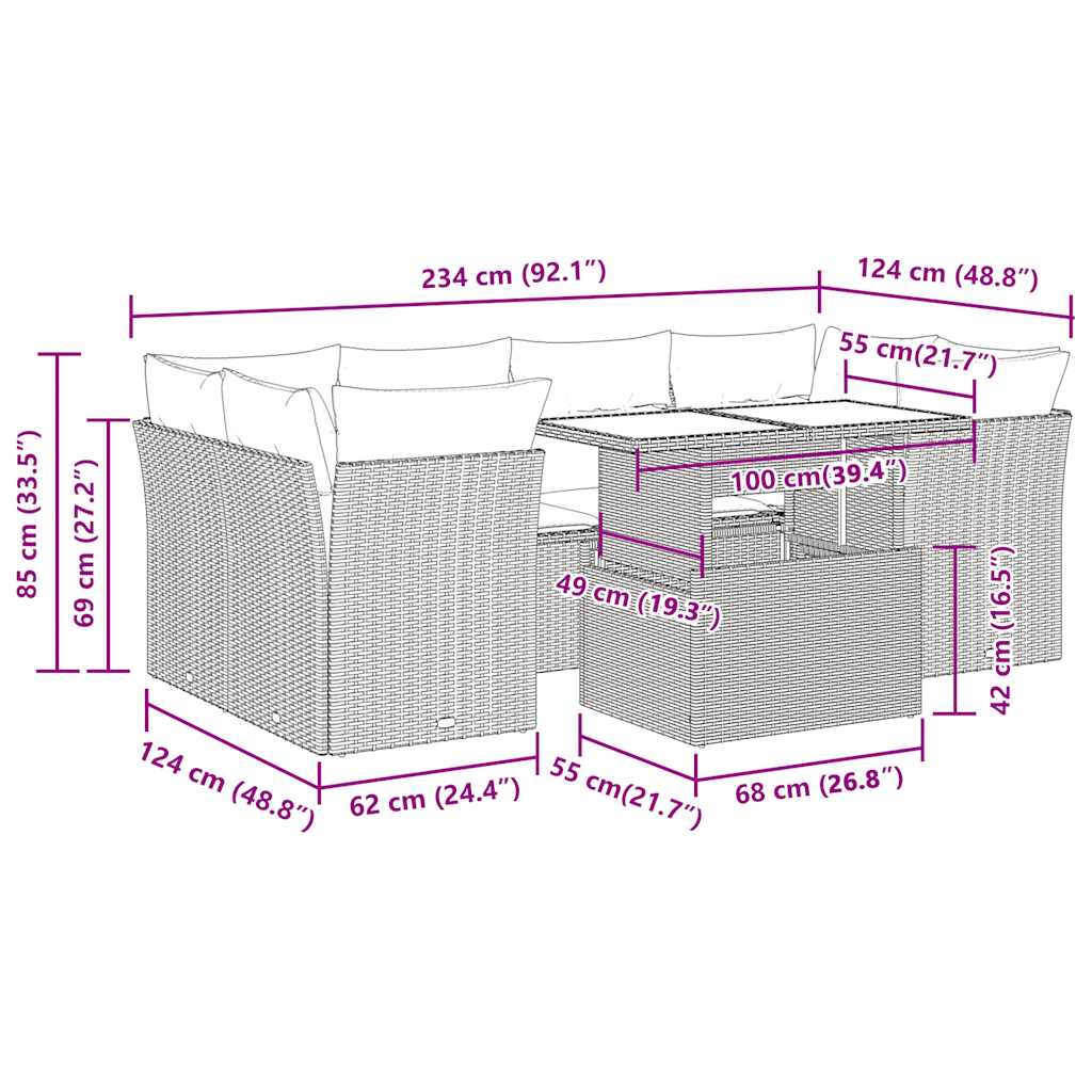 7 részes szürke polyrattan kerti ülőgarnitúra párnákkal 12