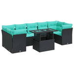 8 részes fekete polyrattan akácfa kerti ülőgarnitúra párnákkal 2