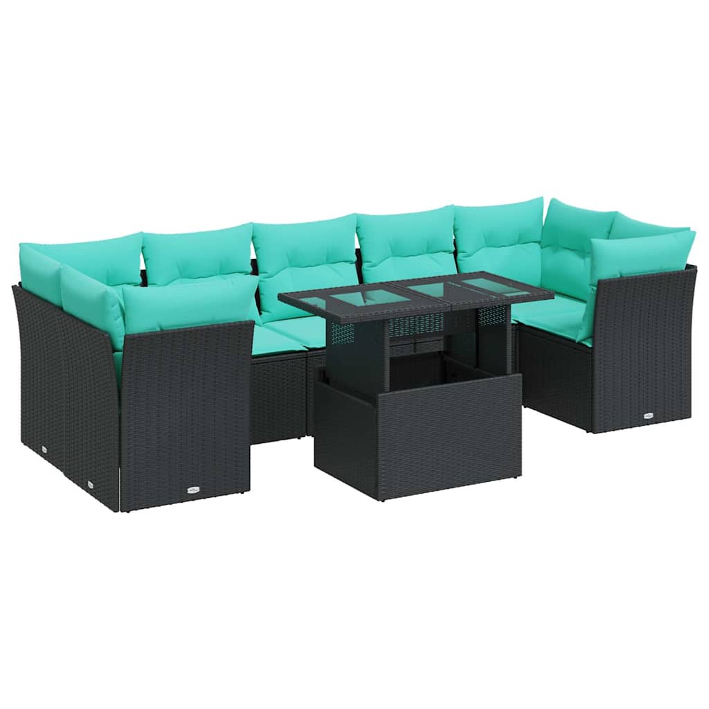 8 részes fekete polyrattan akácfa kerti ülőgarnitúra párnákkal 2