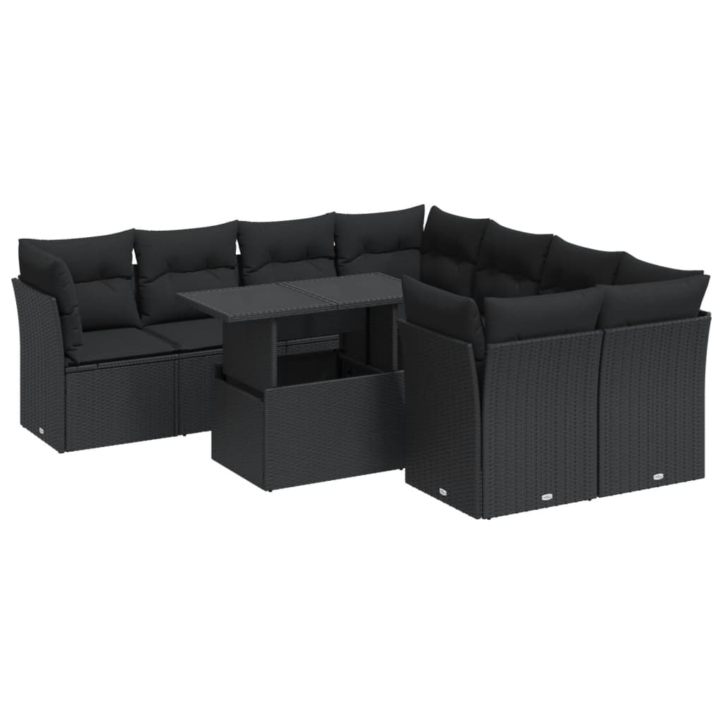 9 részes fekete polyrattan kerti ülőgarnitúra párnákkal 2