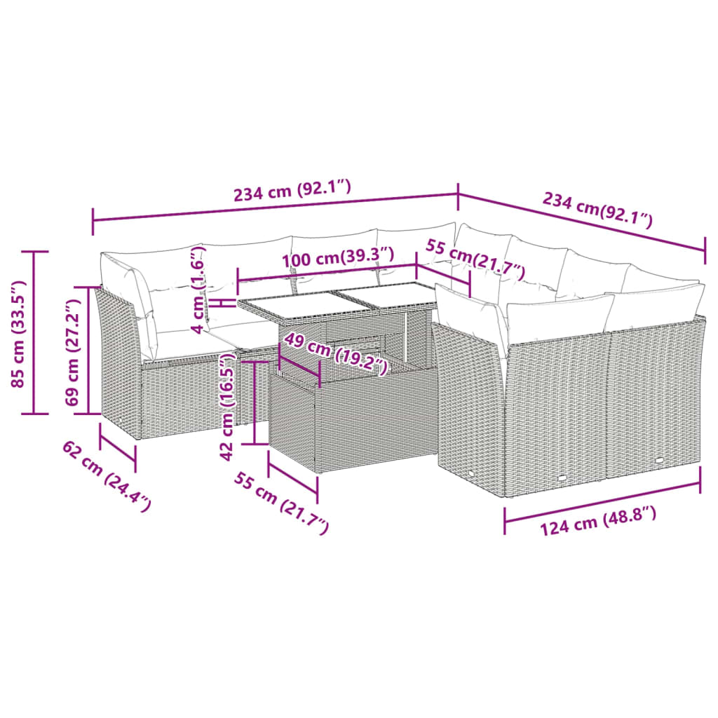 9 részes fekete polyrattan kerti ülőgarnitúra párnákkal 11