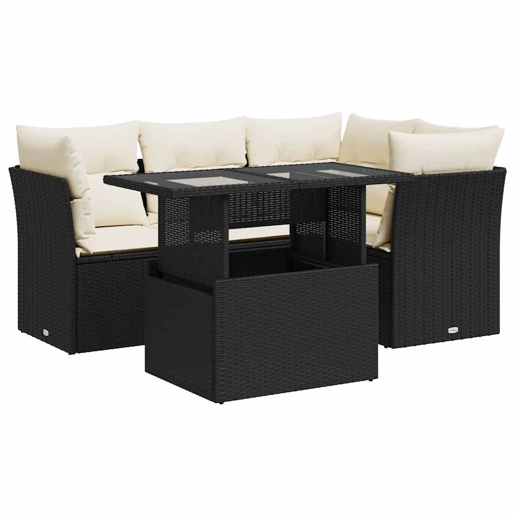 5 részes fekete polyrattan kerti kanapészett párnákkal 2
