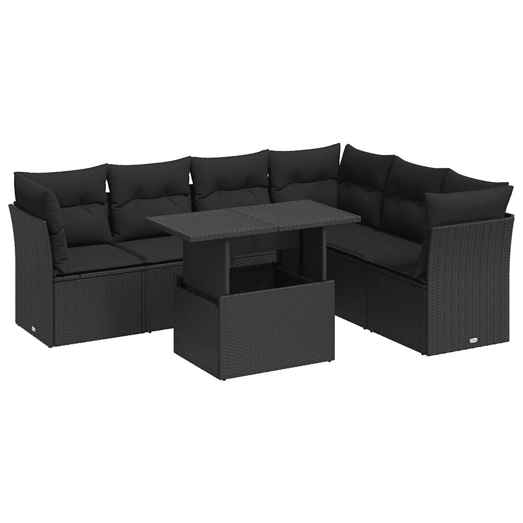 7 részes fekete polyrattan kerti ülőgarnitúra párnával 2