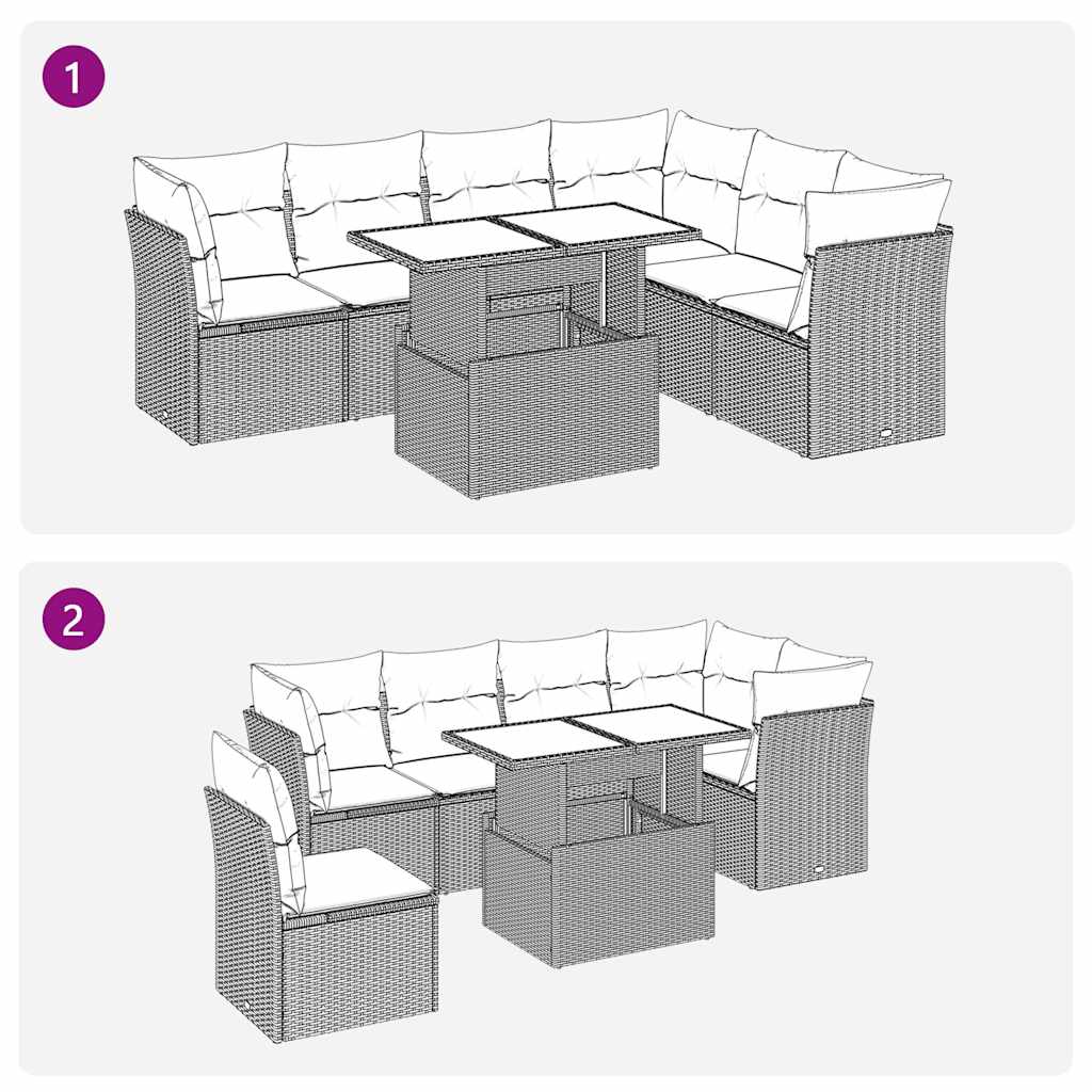 7 részes bézs polyrattan kerti ülőgarnitúra párnákkal 9