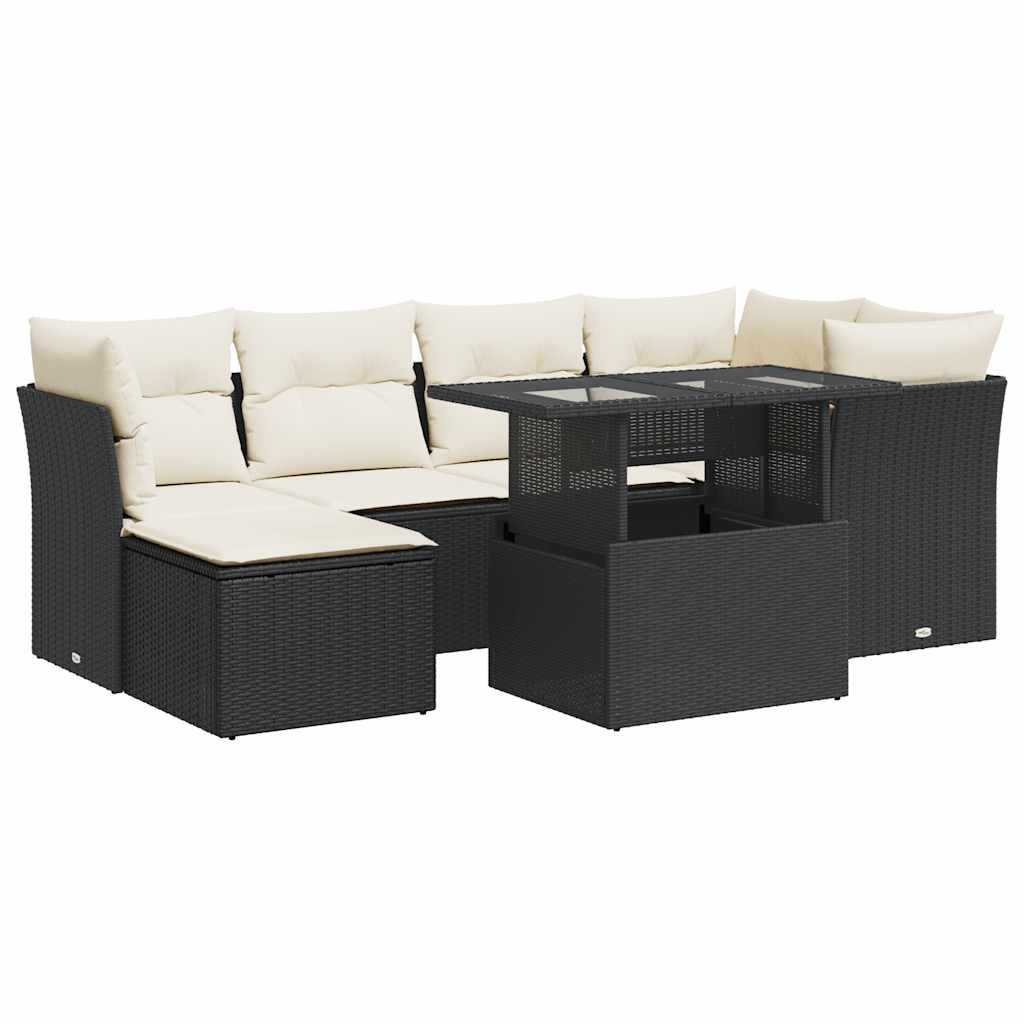 7 részes fekete polyrattan kerti ülőgarnitúra párnával 2
