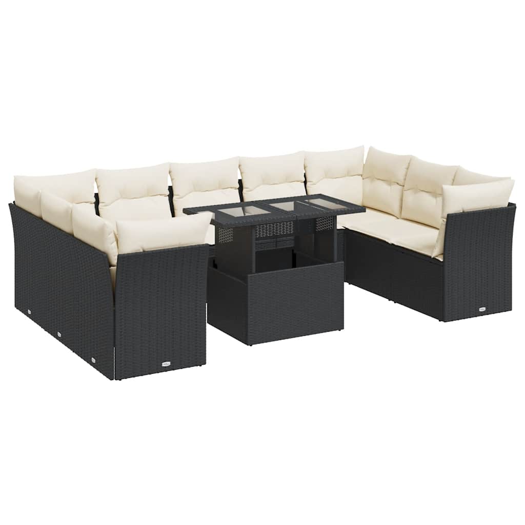 10 részes fekete polyrattan kerti ülőgarnitúra párnákkal 2