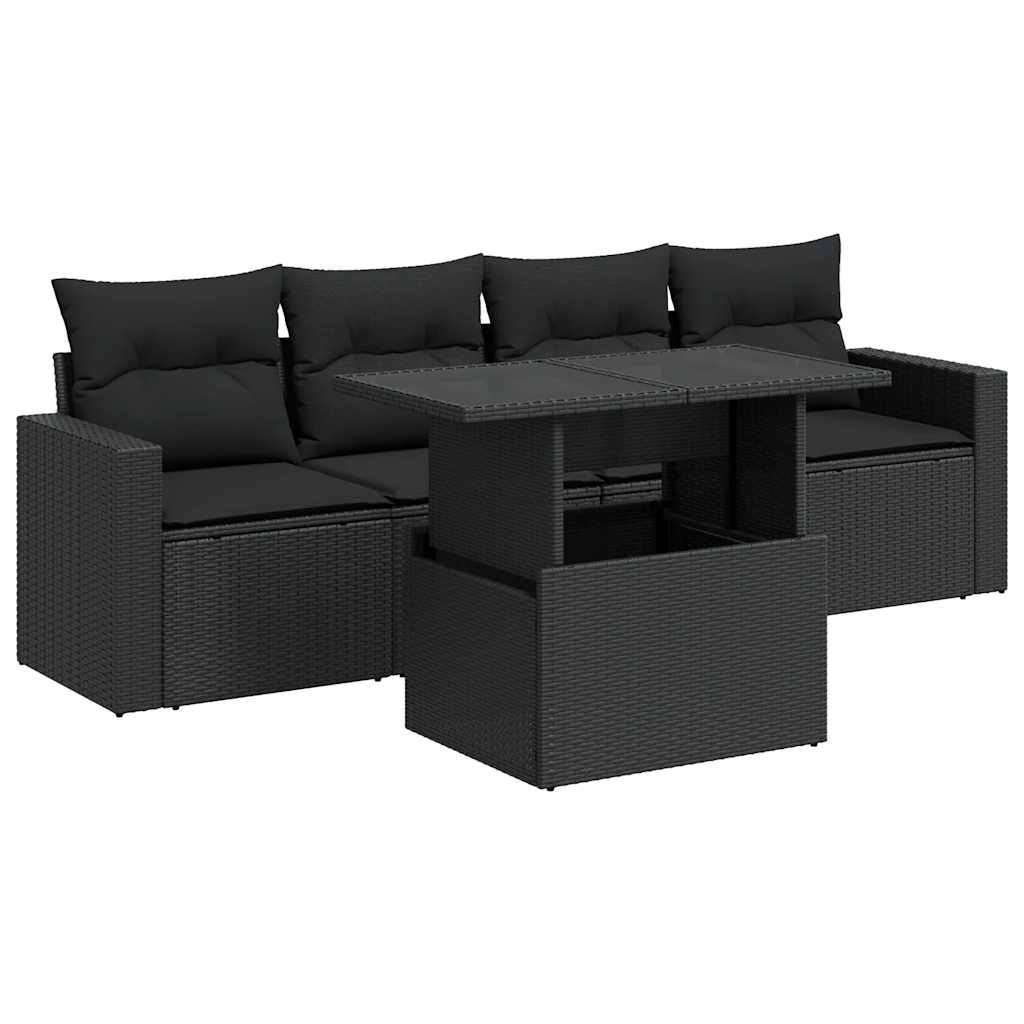 5 részes fekete polyrattan kerti kanapészett párnákkal 2