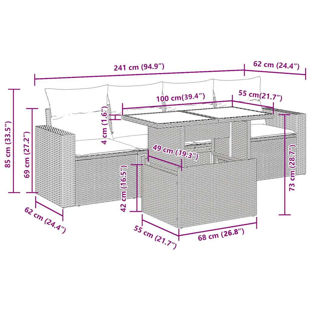 5 részes fekete polyrattan kerti kanapészett párnákkal 11