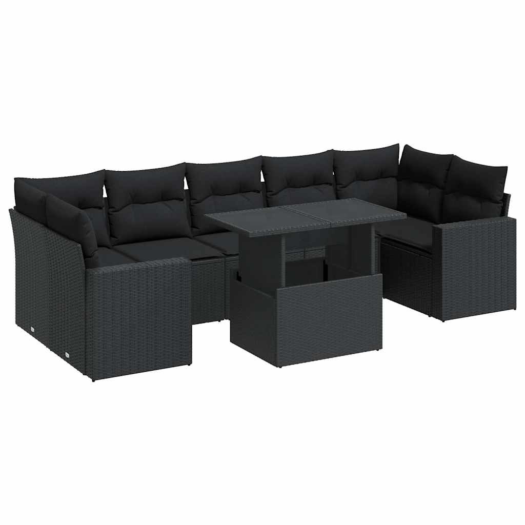 8 részes fekete polyrattan kerti ülőgarnitúra párnákkal 2