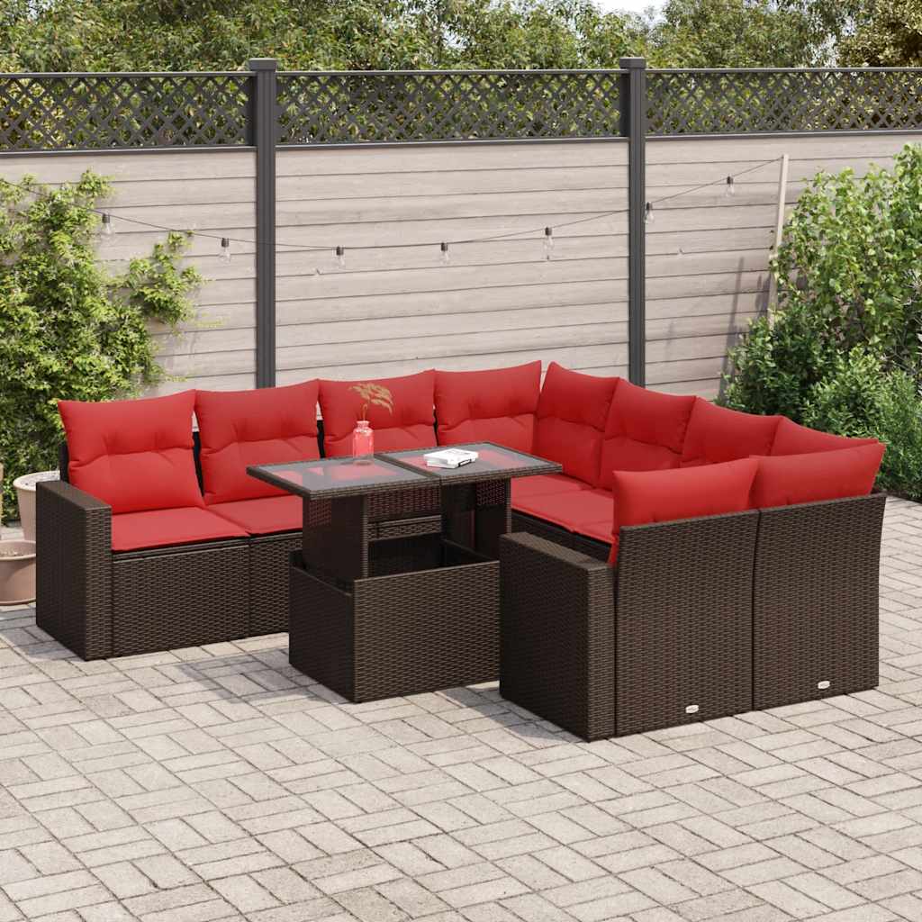 9 részes barna polyrattan akácfa kerti ülőgarnitúra párnákkal