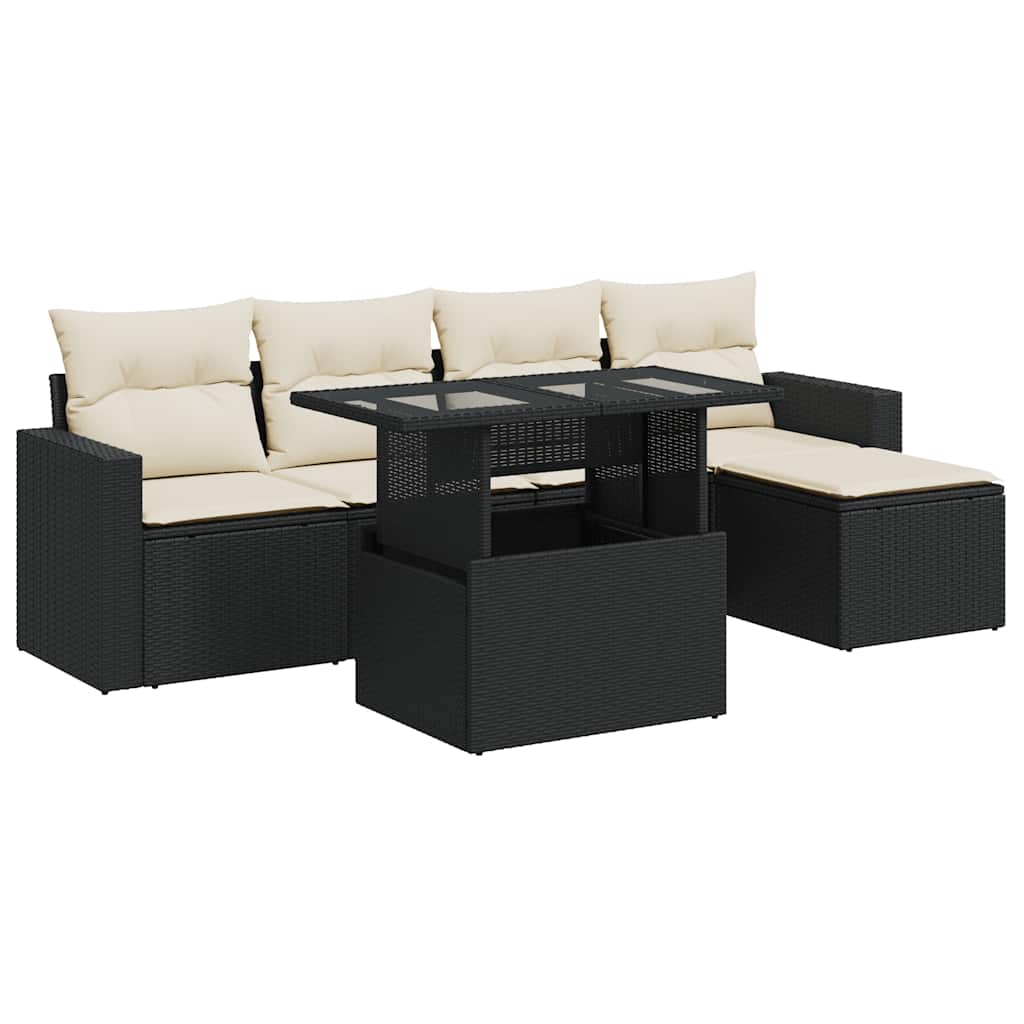 6 részes fekete polyrattan kerti ülőgarnitúra párnákkal 2