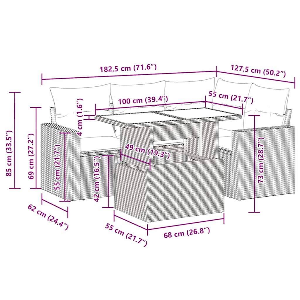 5 részes szürke polyrattan akácfa kerti ülőgarnitúra párnákkal 13