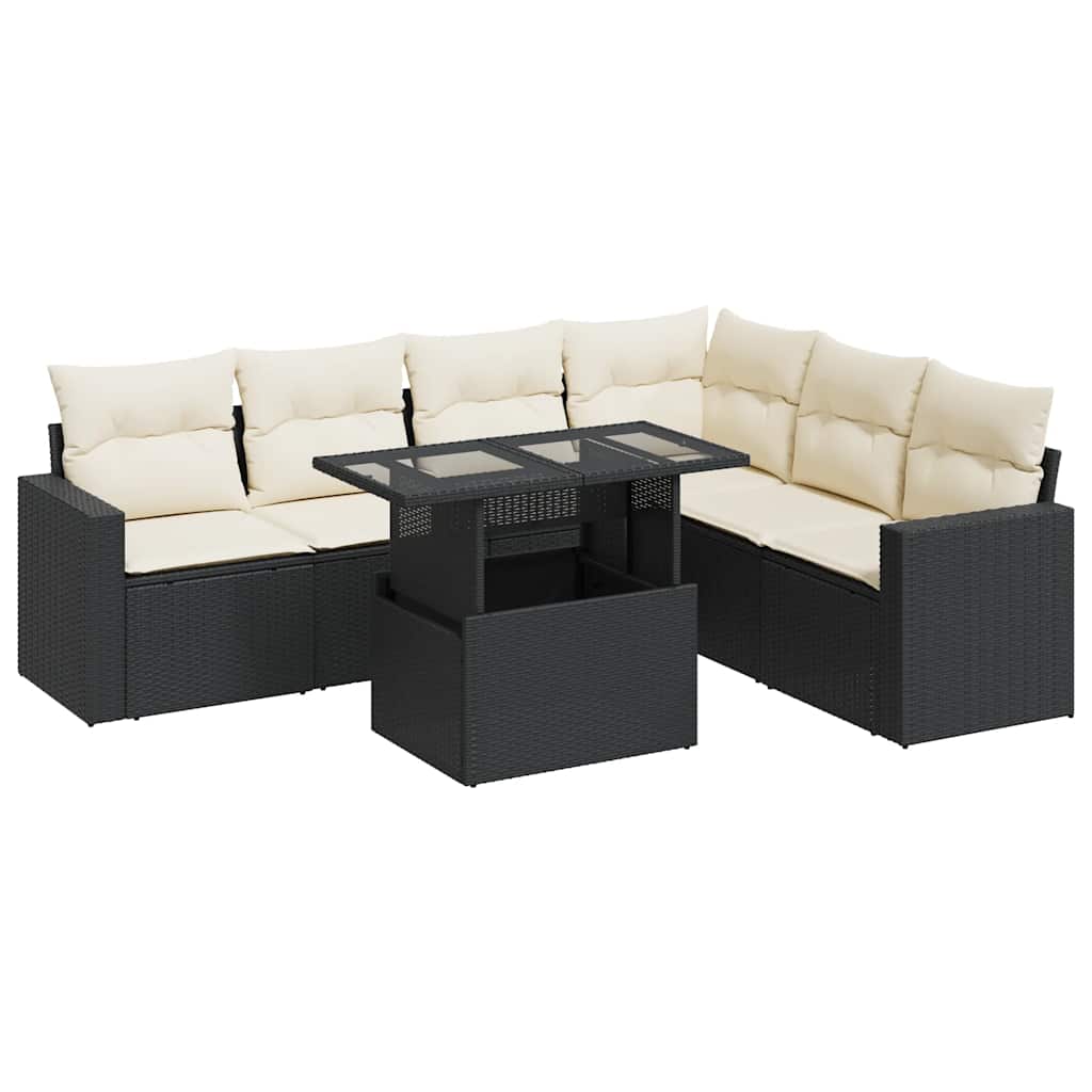 7 részes fekete polyrattan kerti ülőgarnitúra párnával 2