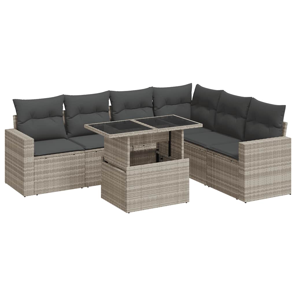 7 részes világosszürke polyrattan kerti ülőgarnitúra párnákkal 2