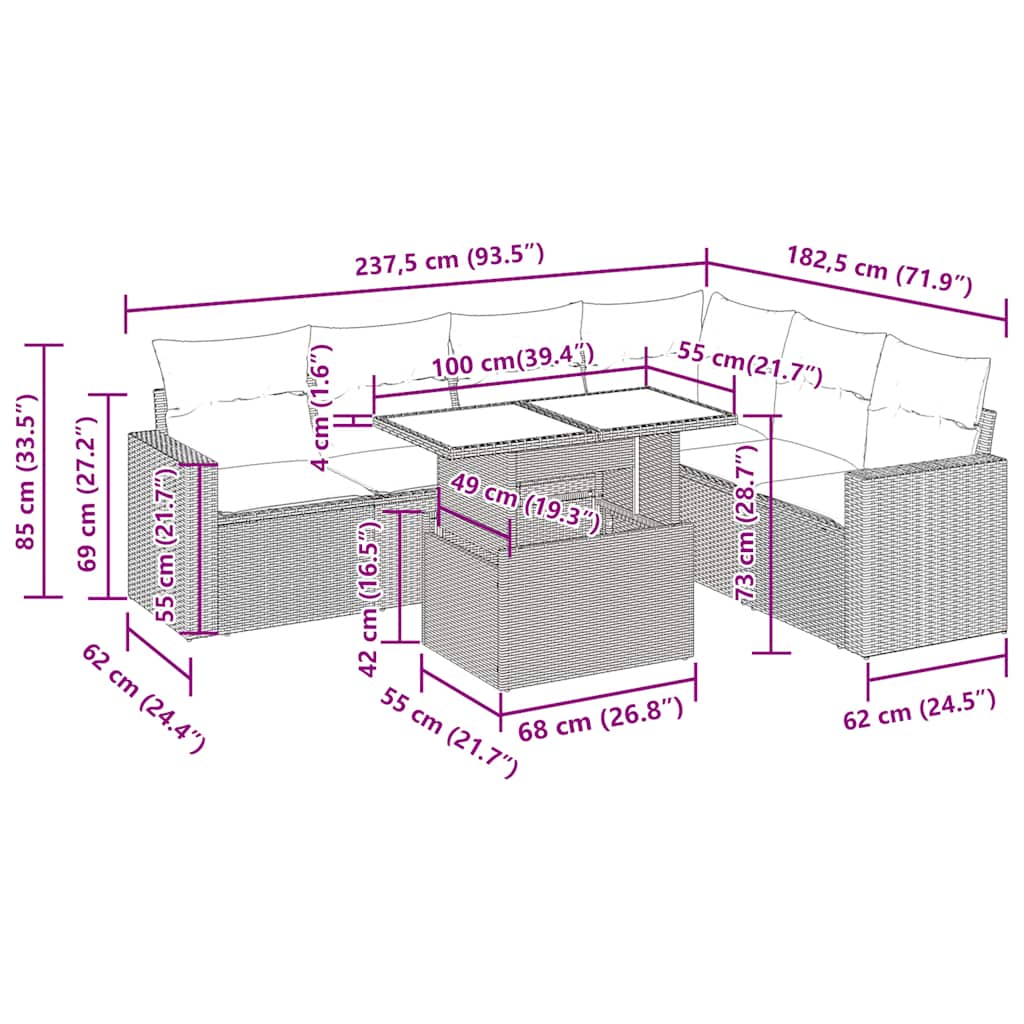 7 részes világosszürke polyrattan kerti ülőgarnitúra párnákkal 14
