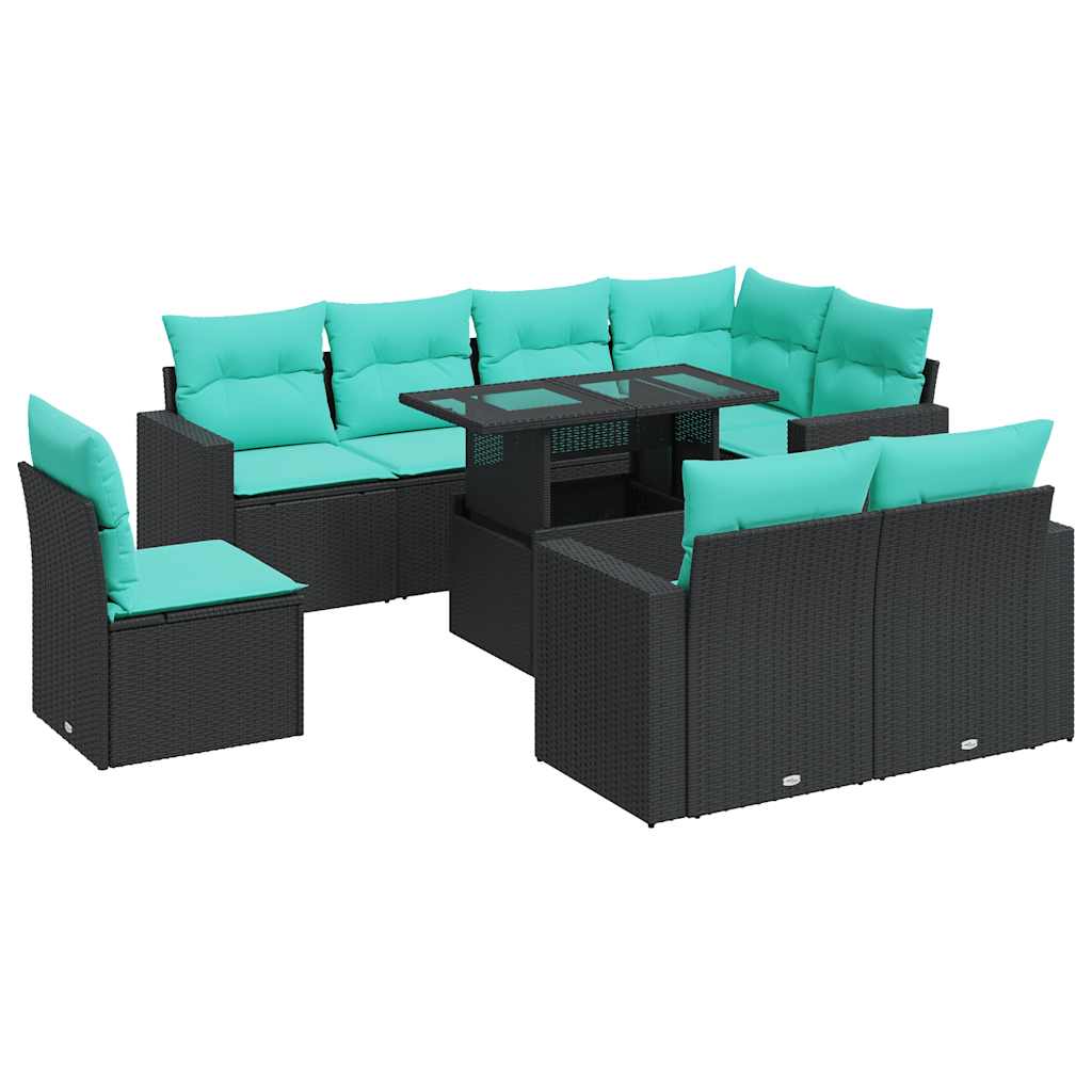 9 részes fekete polyrattan akácfa kerti ülőgarnitúra párnákkal 2