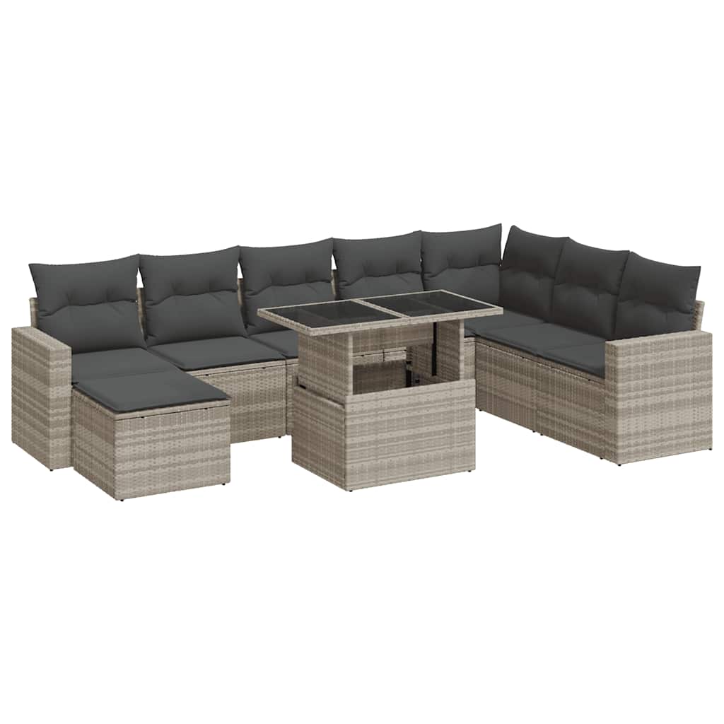 9 részes világosszürke polyrattan kerti ülőgarnitúra párnával 2