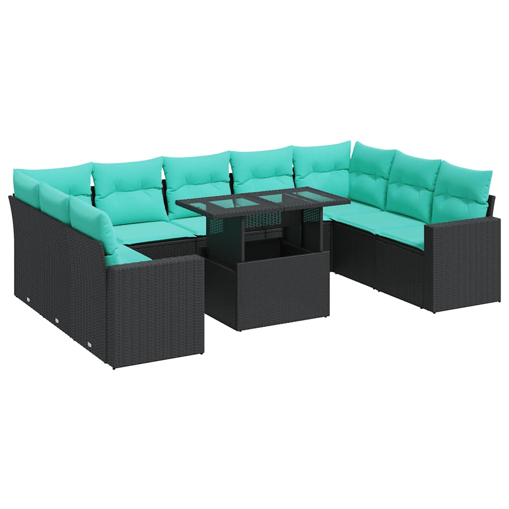 10 részes fekete polyrattan akácfa kerti ülőgarnitúra párnákkal 2