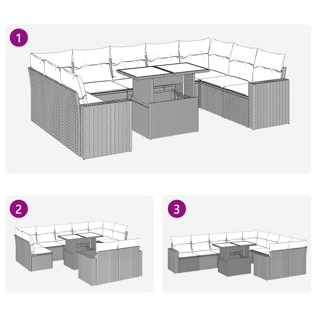10 részes fekete polyrattan akácfa kerti ülőgarnitúra párnákkal 11