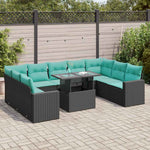 10 részes fekete polyrattan akácfa kerti ülőgarnitúra párnákkal