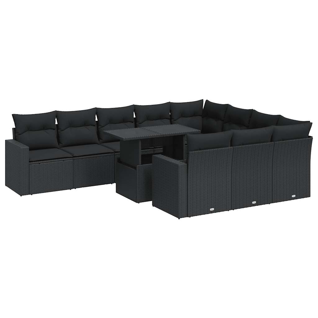 11 részes fekete polyrattan kerti ülőgarnitúra párnákkal 2