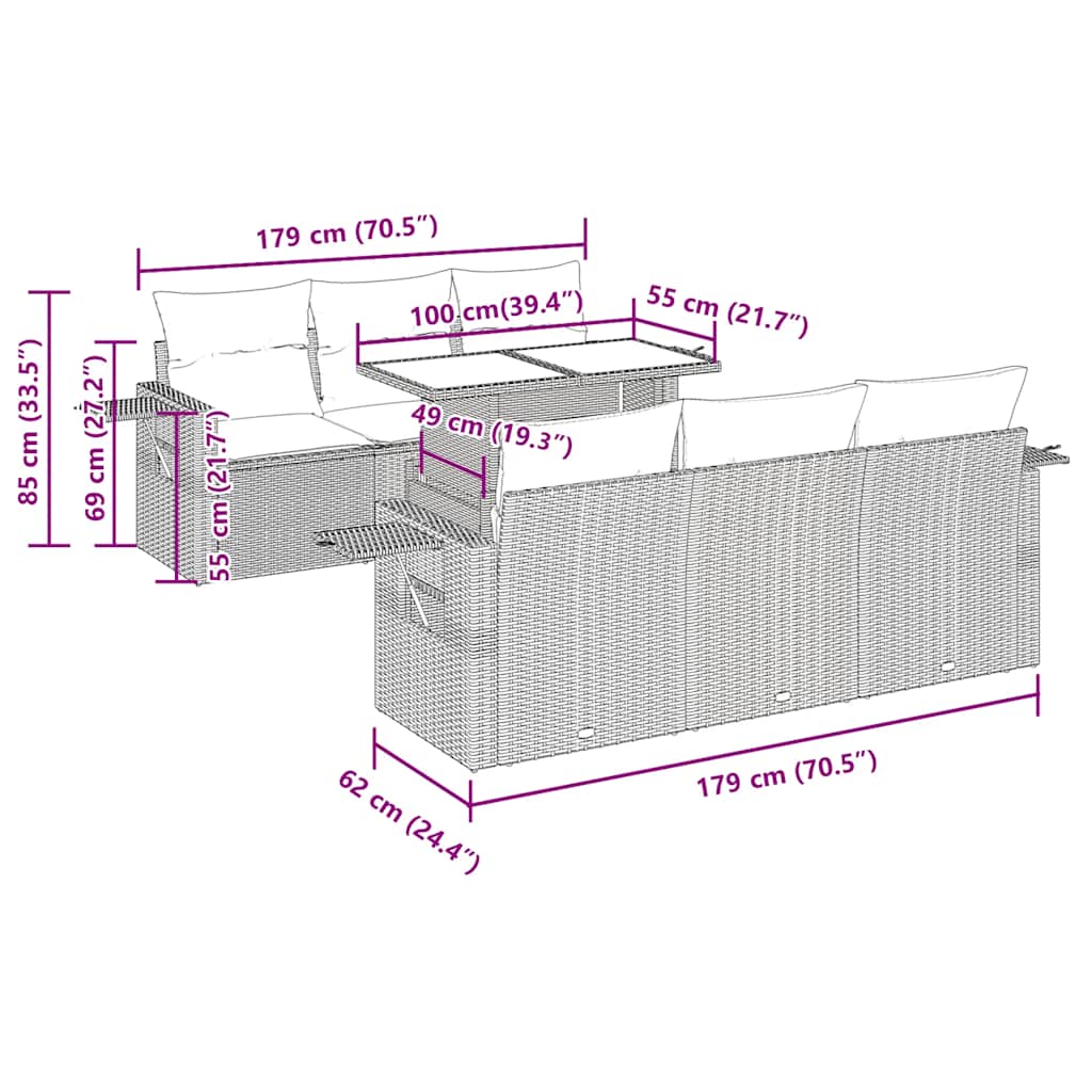 7 részes világosszürke polyrattan kerti ülőgarnitúra párnákkal 12