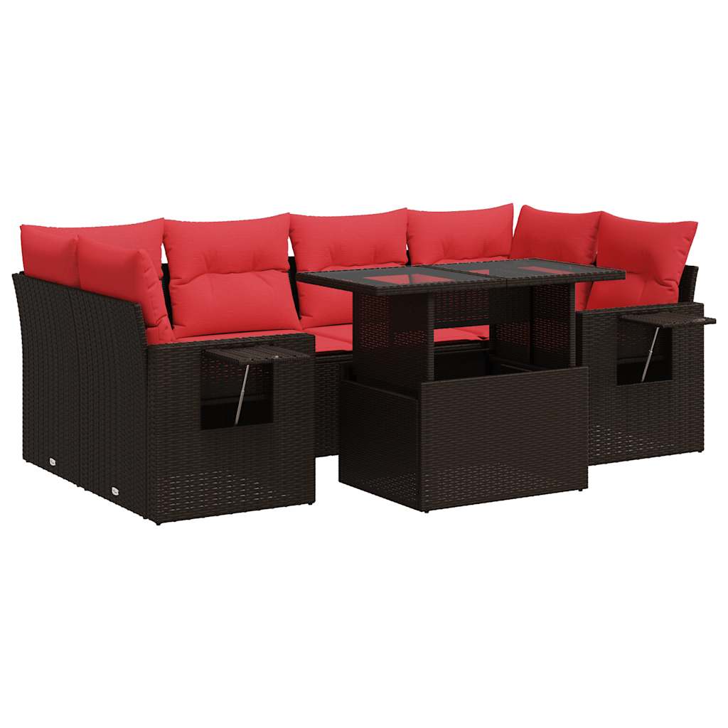 7 részes barna polyrattan akácfa kerti ülőgarnitúra párnákkal 2