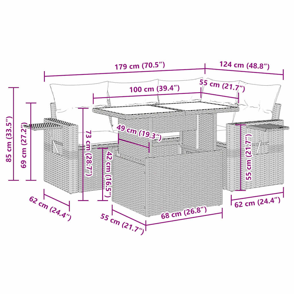 5 részes fekete polyrattan akácfa kerti ülőgarnitúra párnával 14