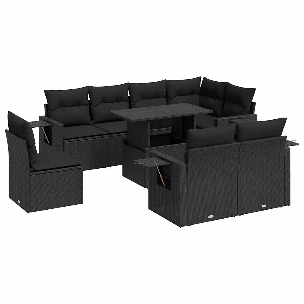 9 részes fekete polyrattan kerti ülőgarnitúra párnákkal 2