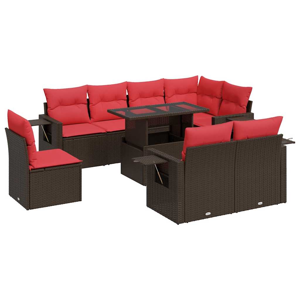 9 részes barna polyrattan akácfa kerti ülőgarnitúra párnákkal 2