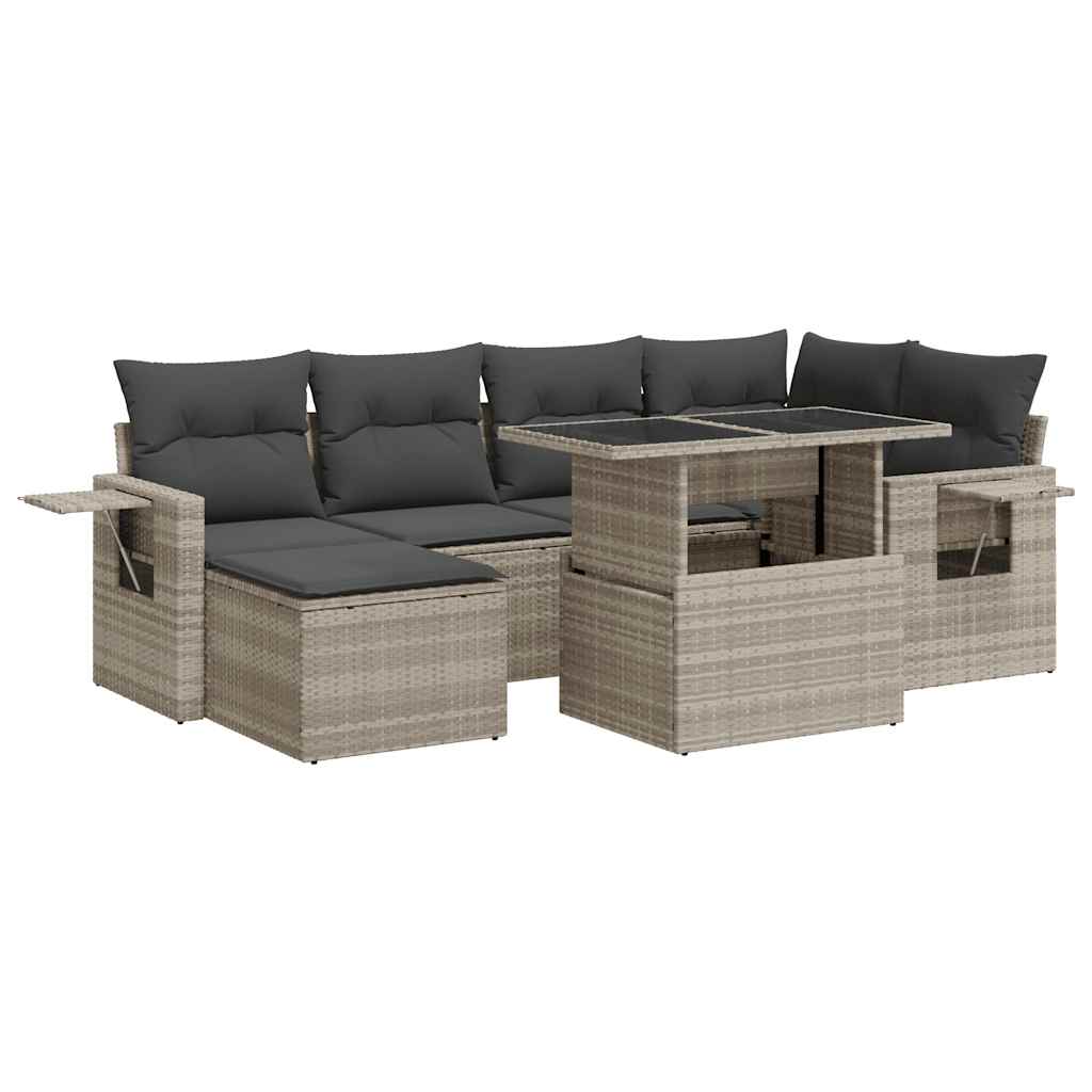 7 részes világosszürke polyrattan kerti ülőgarnitúra párnákkal 2
