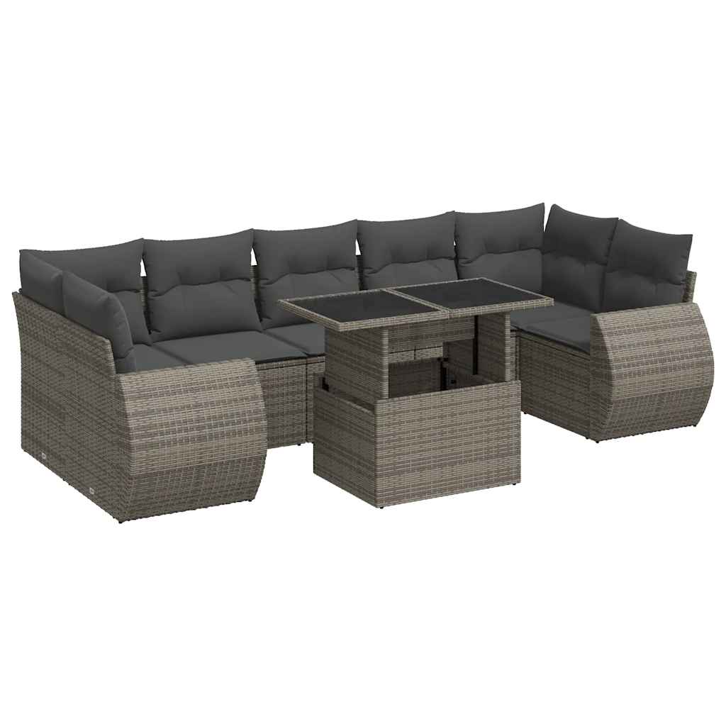 8 részes szürke polyrattan kerti ülőgarnitúra párnákkal 2
