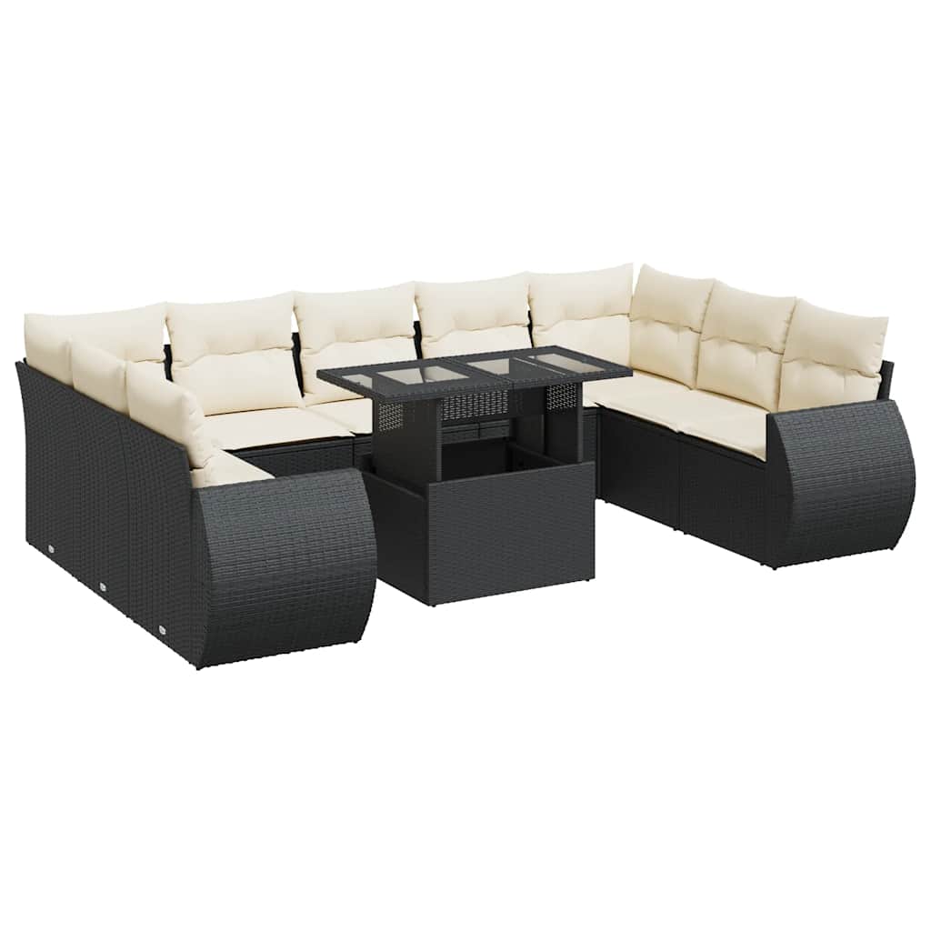 10 részes fekete polyrattan kerti ülőgarnitúra párnákkal 2