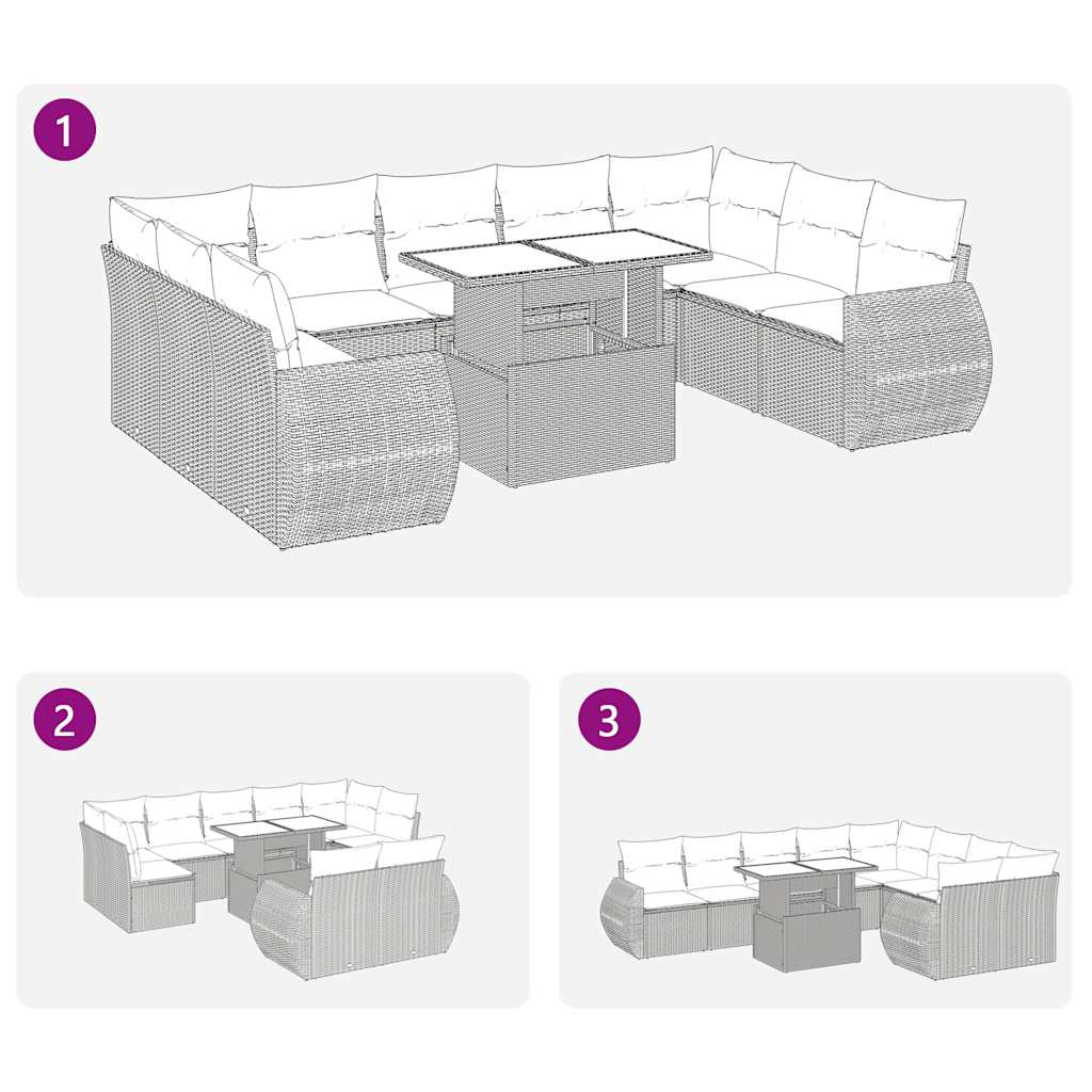 10 részes fekete polyrattan kerti ülőgarnitúra párnákkal 11