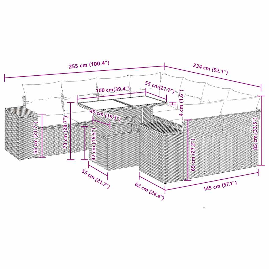 9 részes szürke polyrattan kerti ülőgarnitúra párnákkal 14