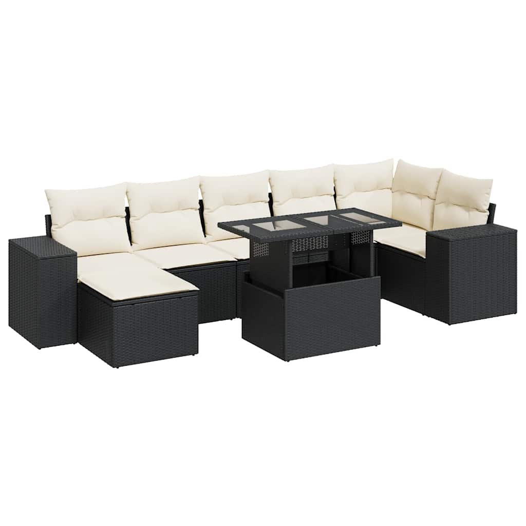 8 részes fekete polyrattan kerti ülőgarnitúra párnákkal 2