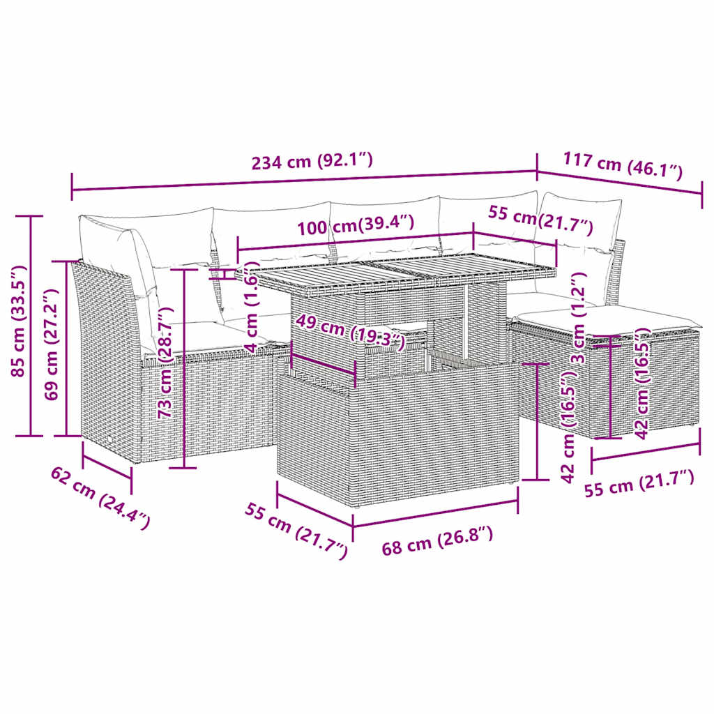 6 részes fekete polyrattan kerti ülőgarnitúra párnákkal 13