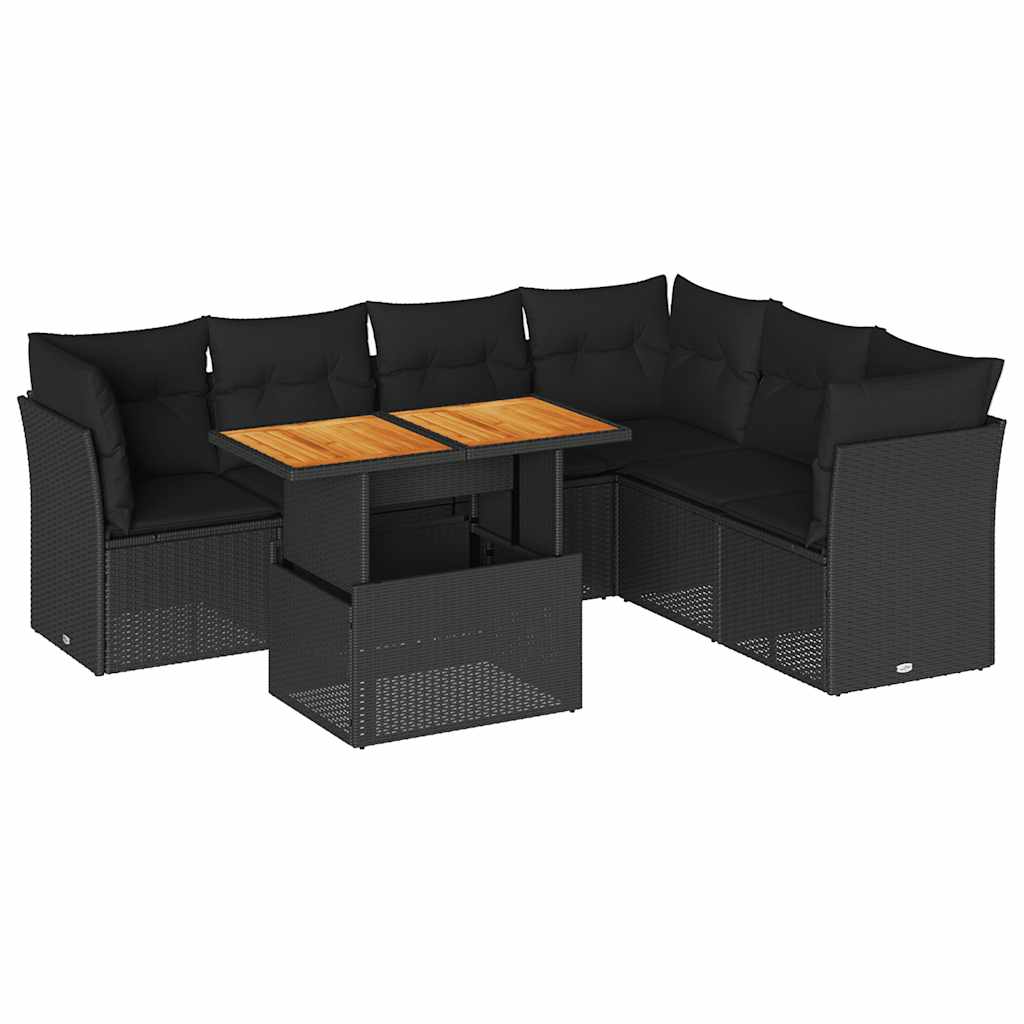 7 részes fekete polyrattan kerti ülőgarnitúra párnával 2