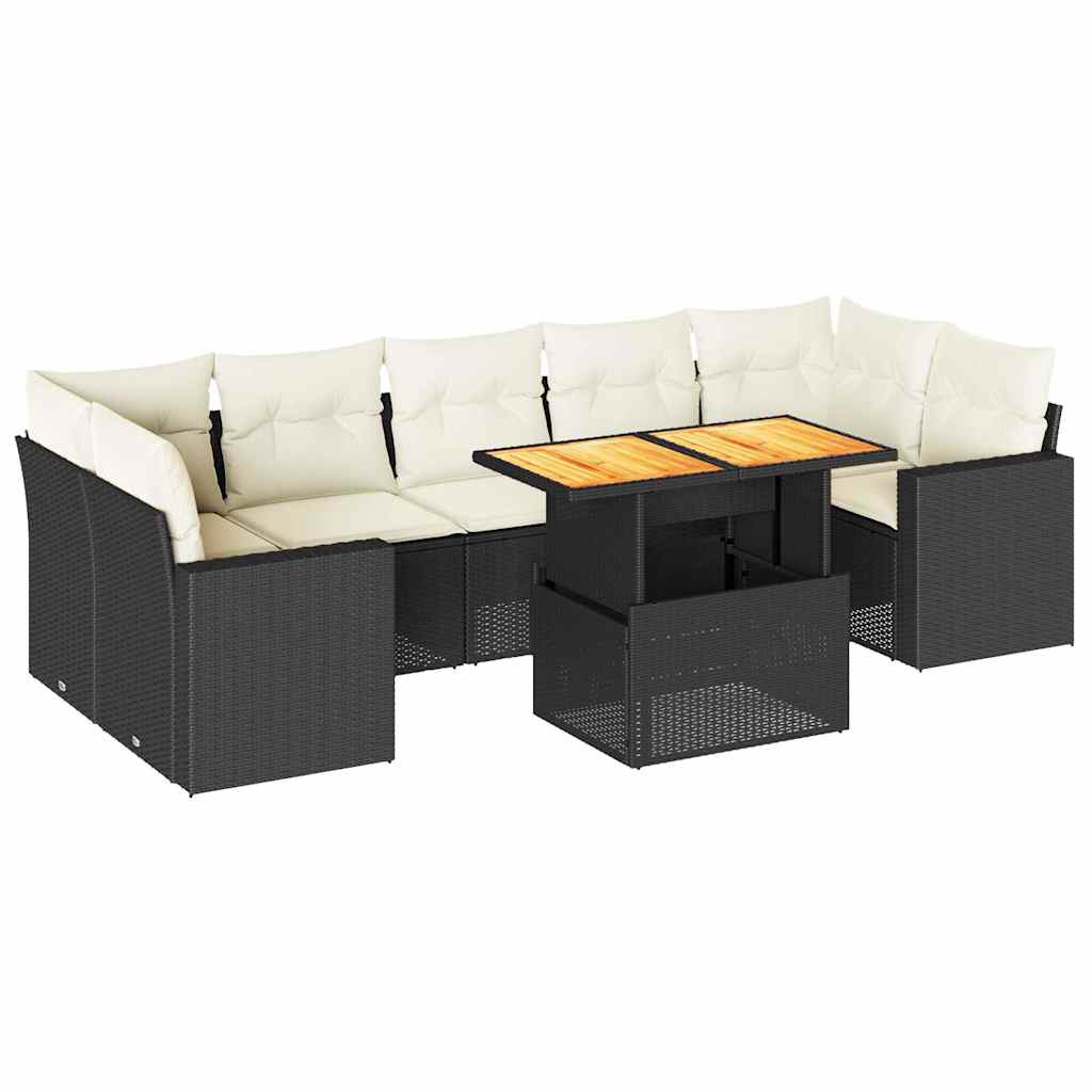 8 részes fekete polyrattan kerti ülőgarnitúra párnákkal 2