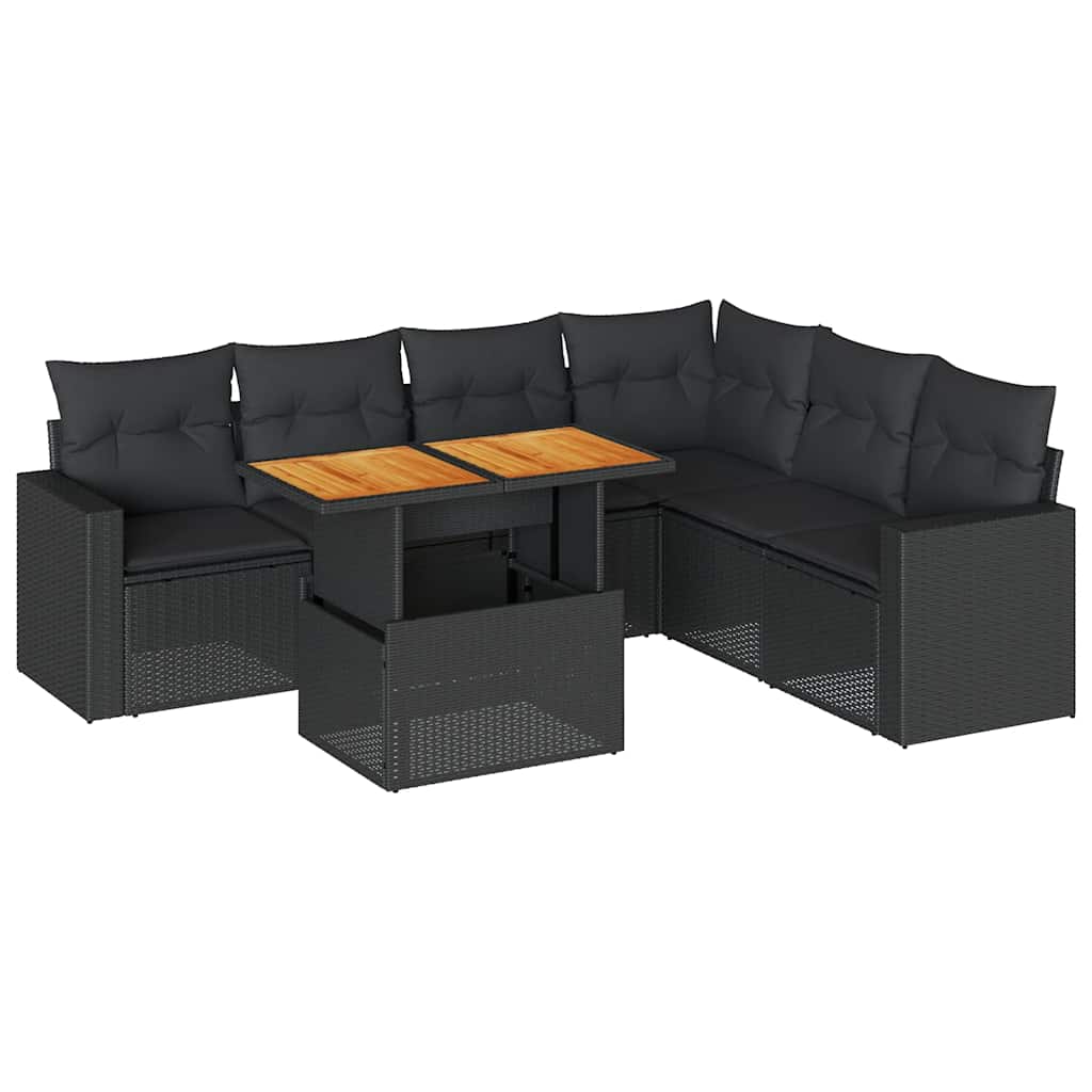 7 részes fekete polyrattan kerti ülőgarnitúra párnával 2