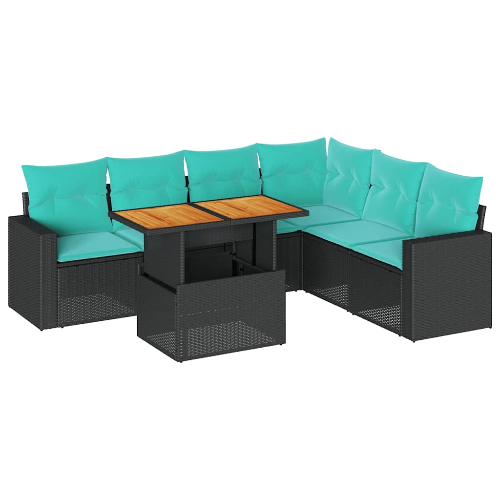 7 részes fekete polyrattan kerti ülőgarnitúra párnával 2