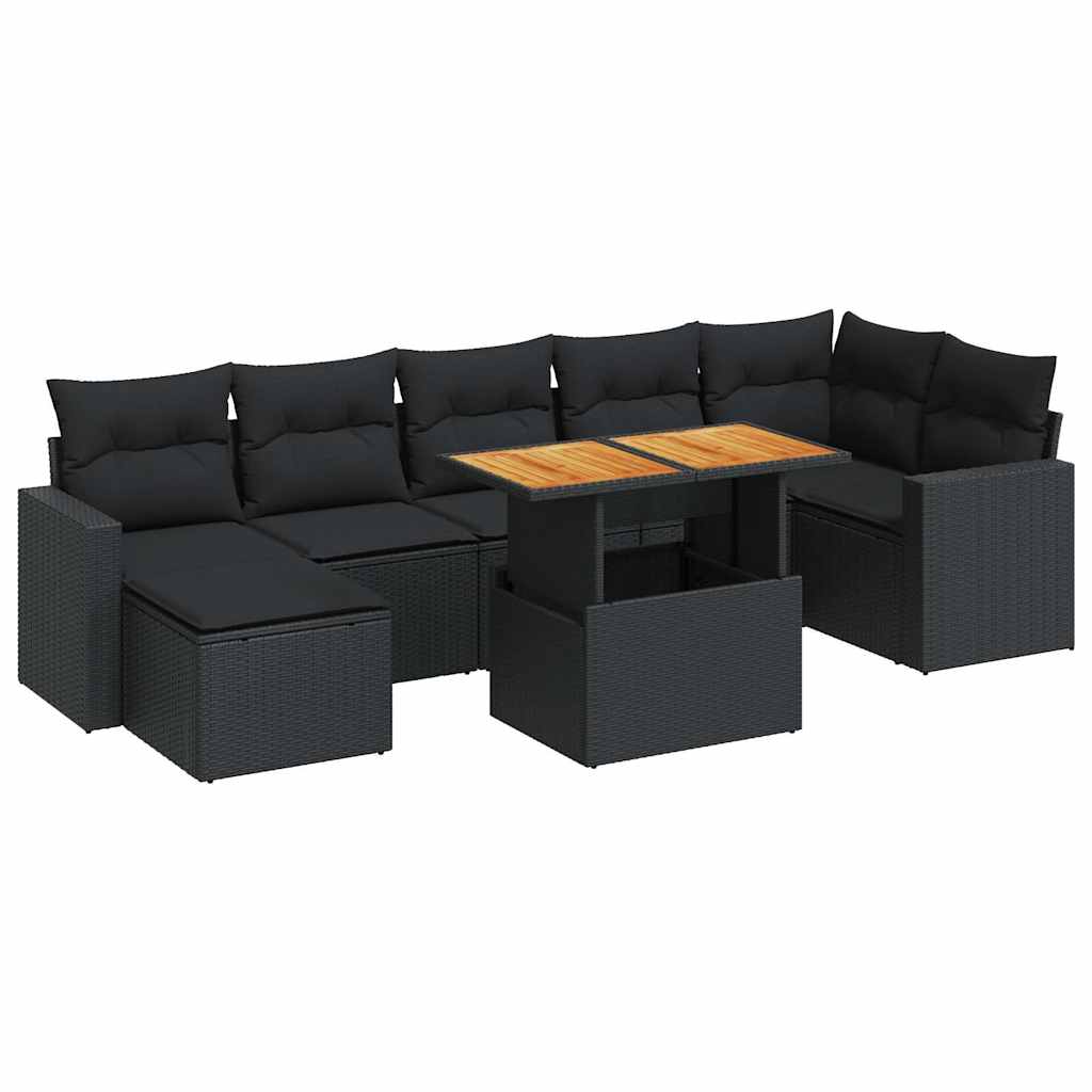 8 részes fekete polyrattan kerti ülőgarnitúra párnákkal 2