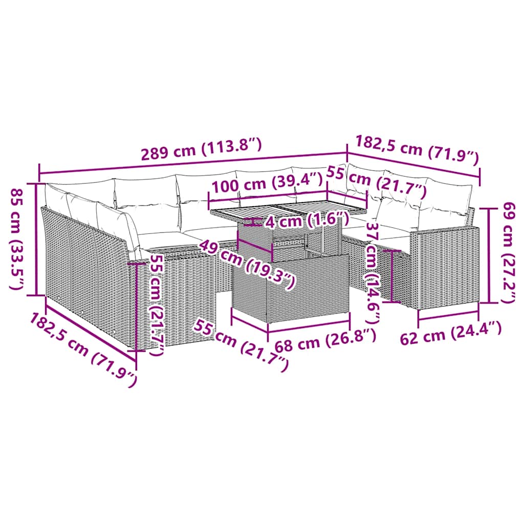 10 részes szürke polyrattan kerti ülőgarnitúra párnákkal 14