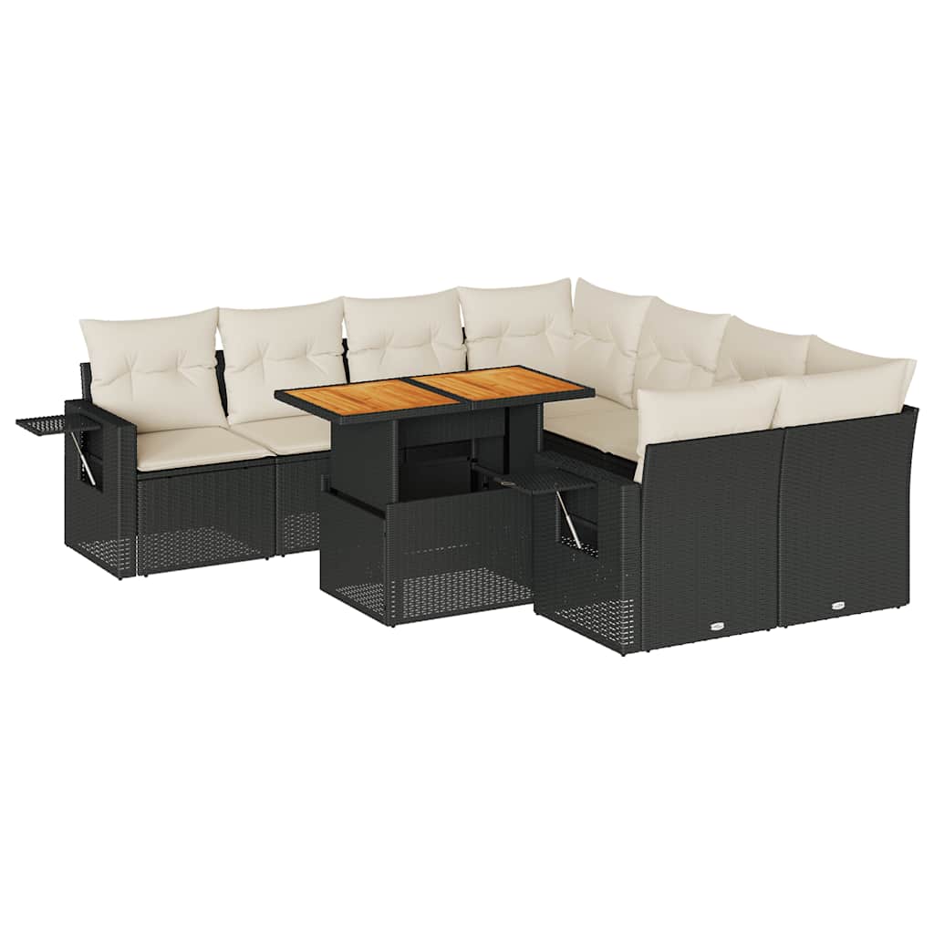 9 részes fekete polyrattan kerti ülőgarnitúra párnákkal 2