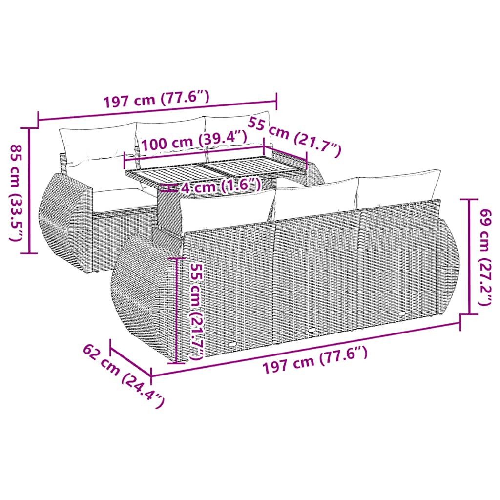 7 részes szürke polyrattan kerti ülőgarnitúra párnákkal 12